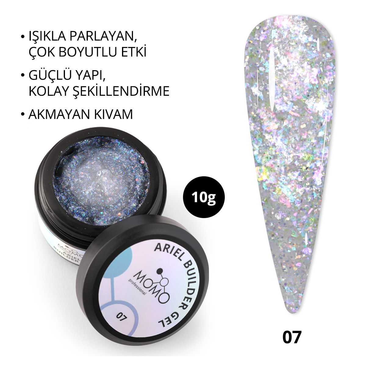 ArielBuilderGel-07-01-Kare.jpg Ariel Builder Gel, Nail Art için Protez Tırnak Jeli No.07, Şeffaf Holografik Mavi Mor Simli, 10 gr - Görsel 1