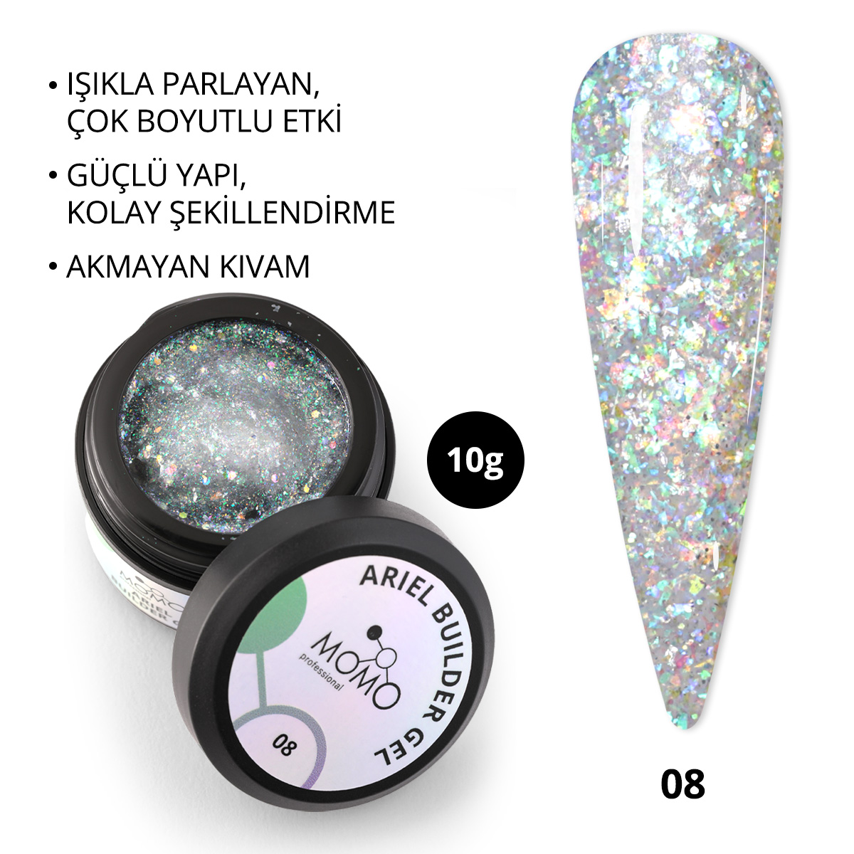 ArielBuilderGel-08-01-Kare-1.jpg Ariel Builder Gel, Nail Art için Protez Tırnak Jeli No.08, Şeffaf Holografik Yeşil Lila Simli, 10 gr - Görsel 1