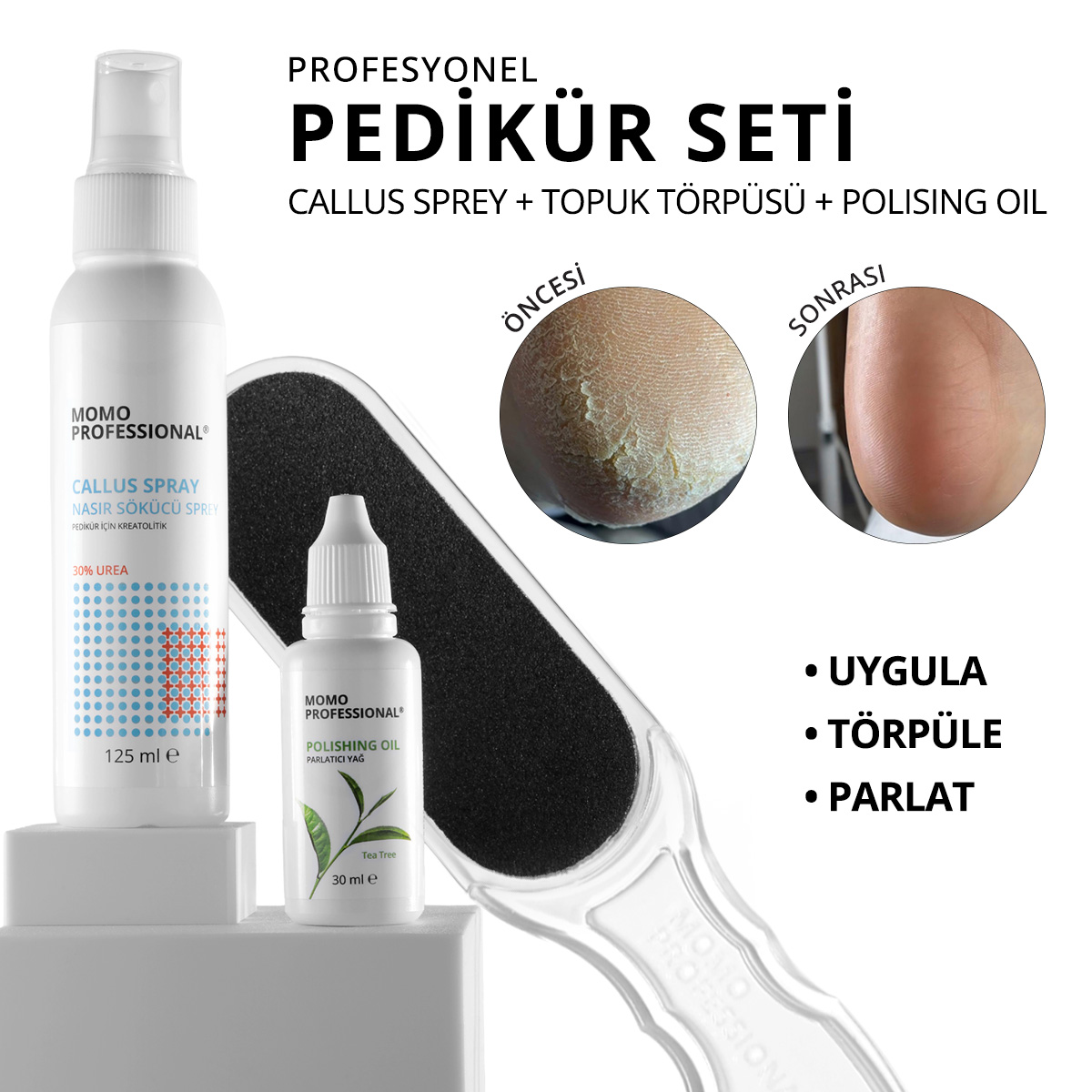 Topuk Çatlağı önlemek için Profesyonel Pedikür 3'lü seti : Nasır Sökücü Sprey 125 ml, Topuk Törpüsü 100/180 Grid, Parlatıcı Yağı 30 ml Topuk Çatlağı önlemek için Profesyonel Pedikür 3'lü seti : Nasır Sökücü Sprey 125 ml, Topuk Törpüsü 100/180 Grid, Parlatıcı Yağı 30 ml