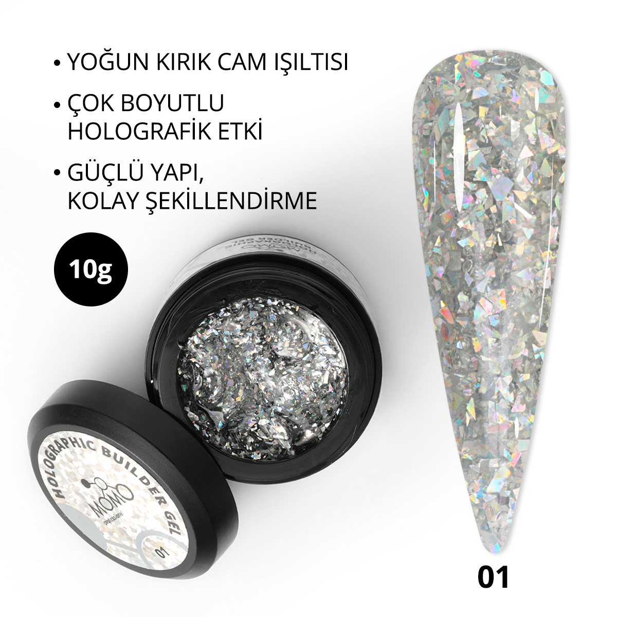 HolografikBuilderGel-Kare-01-01.jpg Holographic Builder Gel, Nail Art için Protez Tırnak Jeli No.01, Glitter Gümüş Simli, 10 gr - Görsel 1