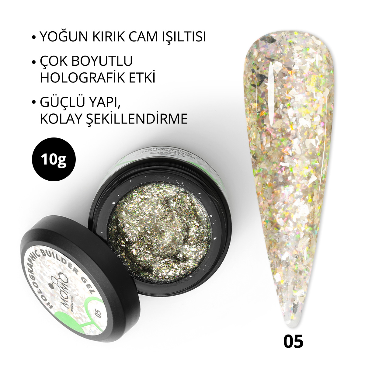 HolografikBuilderGel-Kare-05-01.jpg Holographic Builder Gel, Nail Art için Protez Tırnak Jeli No.05, Glitter Yeşil Simli, 10 gr - Görsel 1